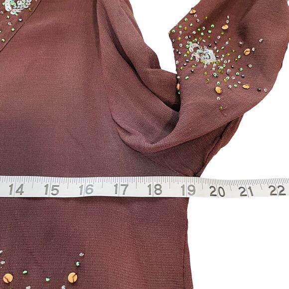 Phool Vintage Brown Sheer V-Neck Sequins & Beading Long Sleeve Hippie Boho Top S - Picture 12 of 13